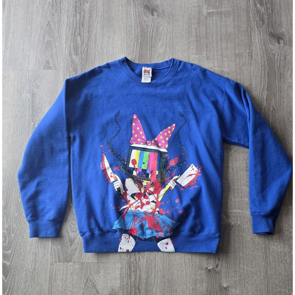 OMORI Omocat TV Girl Sweatshirt Medium Blue Bloody Knife Anime Gaming Horror